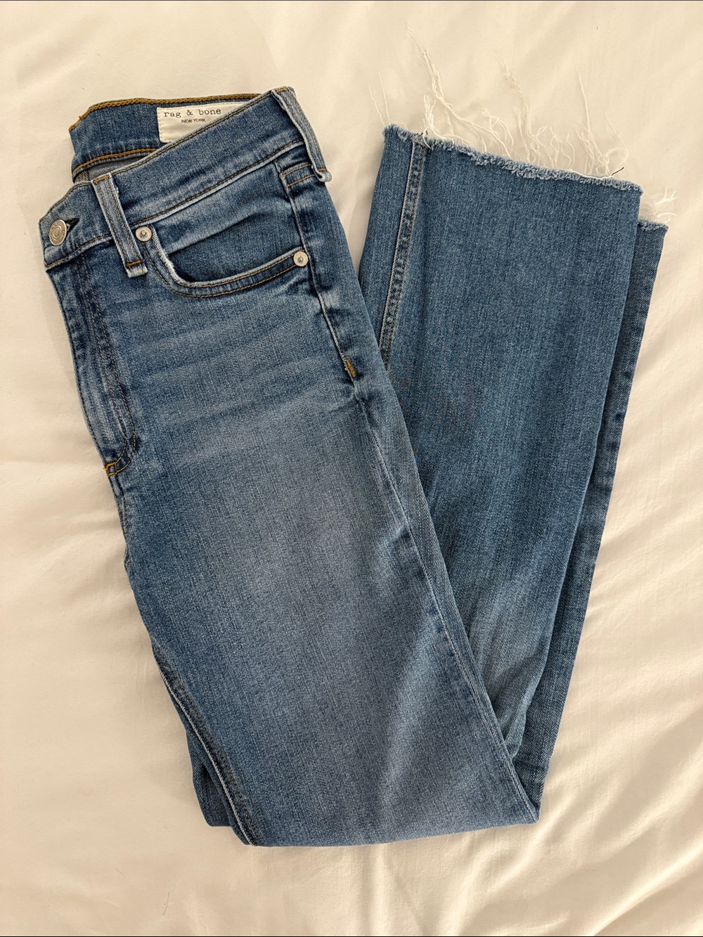 rag & bone Medium Blue Straight Leg Jeans with Raw Hem